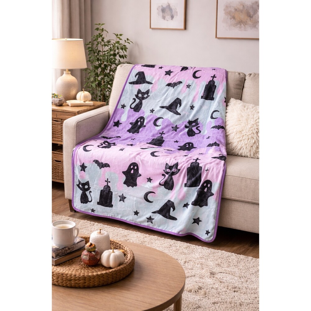 Halloween Plush Throw‎ Blanket 60x48 Plush NWT New Pastel Ghost Black Cats